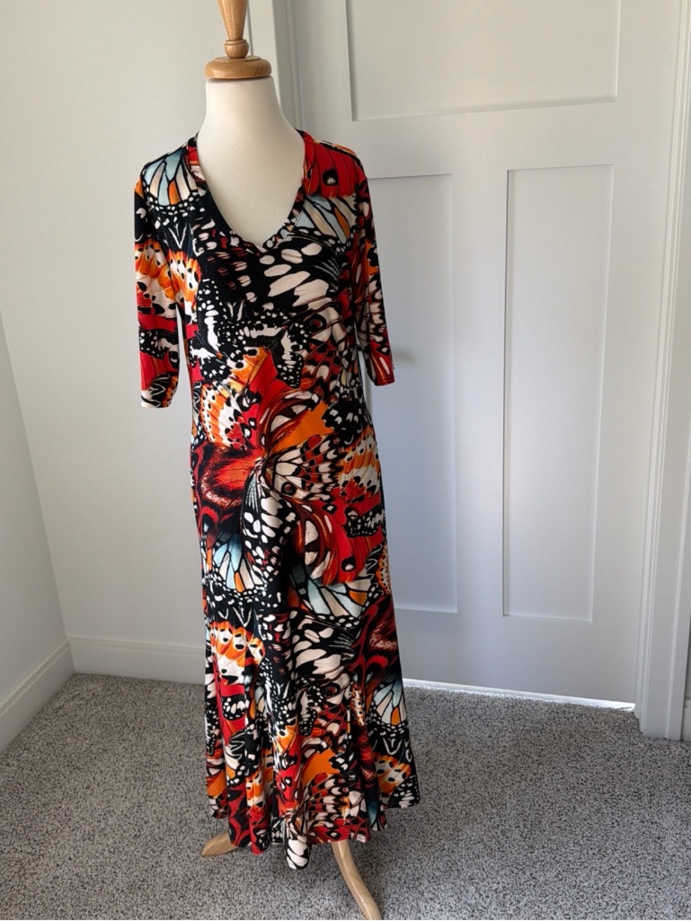 Attitudes by Renee Red Black Orange Butterfly-Print Maxi Dress